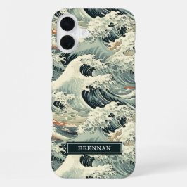 Japanisches Wellenmuster mit Monogramm iPhone 16 Plus Hülle