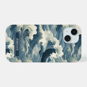 Japanisches Wellenmuster Monogramm iPhone 15 Hülle (Rückseite (Horizontal))