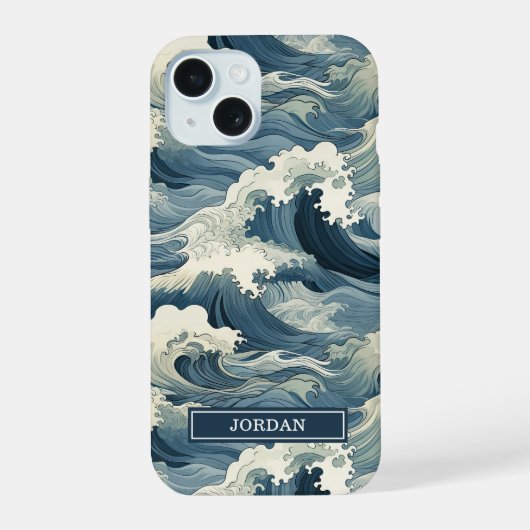 Japanisches Wellenmuster Monogramm iPhone 15 Hülle (Rückseite)