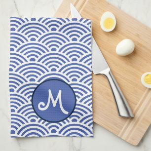 Japanisches Wellenmuster und Monogramm Geschirrtuch