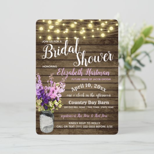 Jar of Delpheniums and Lights Rustisches Brautpart Einladung (Stehend Vorderseite)