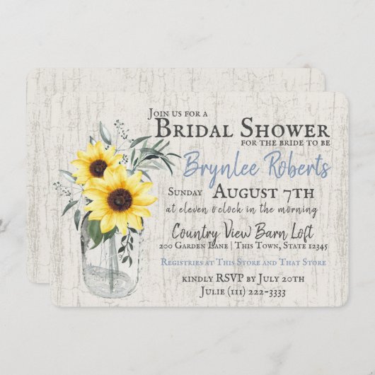 Jar und Sonnenblumen Rustikales Brautparty Einladung (Vorne/Hinten)
