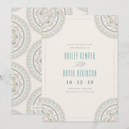 Jardin Mandala Save the Date Card - Türkis (Vorne/Hinten)