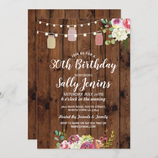 Jars Birthday Party Rustic Wood Floral Einladung (Vorne/Hinten)