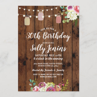 Jars Birthday Party Rustic Wood Floral Einladung