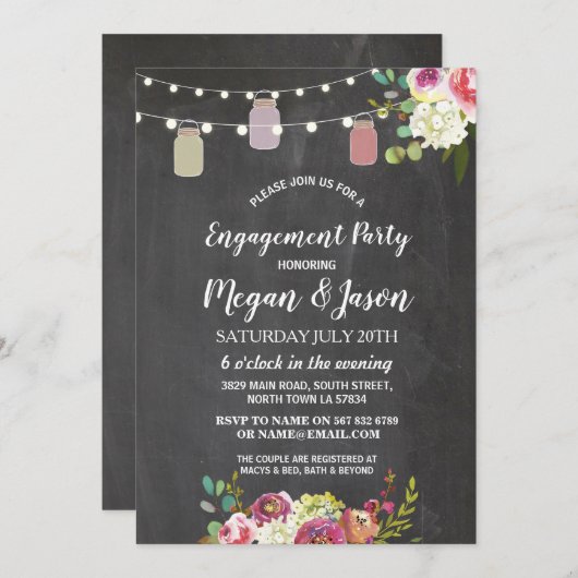 Jars Engagement Partei Rustikale Chalk Floral Einl Einladung (Vorne/Hinten)