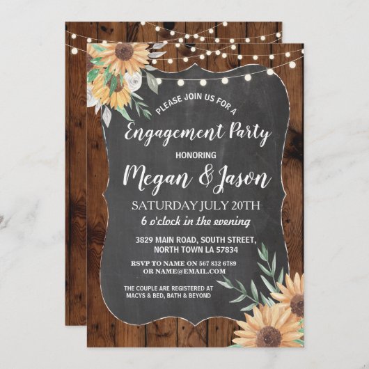 Jars Engagement Party Rustic Wood Sunflower Einlad Einladung (Vorne/Hinten)