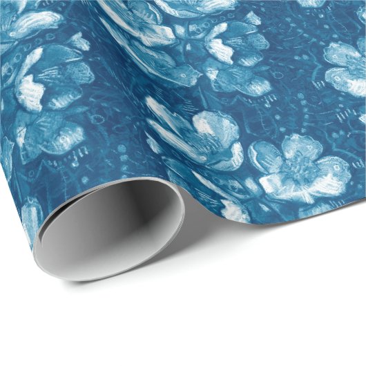 Jasmine Bloom Vintage Blume Blumenmuster Blau Geschenkpapier (Rolleneckpunkt)