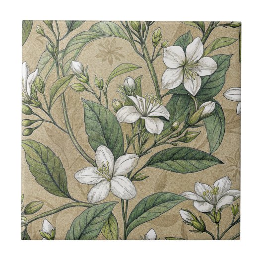 Jasmine-Blume Vintage botanische Beige nahtlos Fliese (Vorderseite)