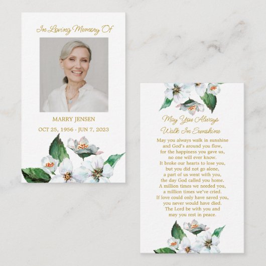 Jasmine Memorial Photo Funeral Prayer Card Visitenkarte (Vorne/Hinten)