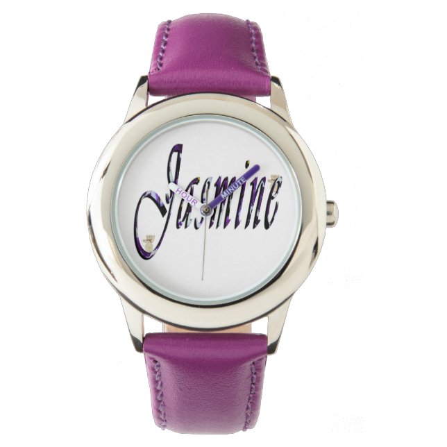 Jasmine, Name, Logo, Girls Lila Leather Watch. Armbanduhr (Vorderseite)