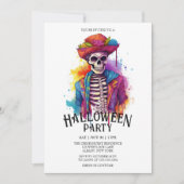 Jaunty Skeleton Vibranon Watercolor Halloween-Part Einladung (Vorderseite)