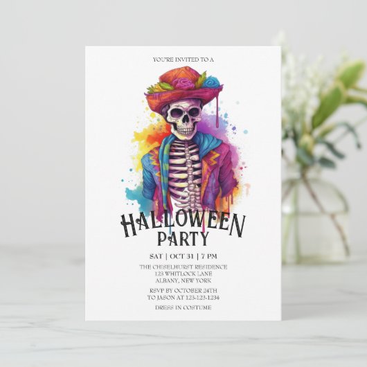 Jaunty Skeleton Vibranon Watercolor Halloween-Part Einladung (Stehend Vorderseite)
