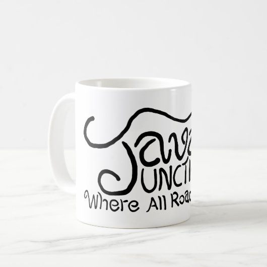 Java Junction mit Coffee Black Text Kaffeetasse (Vorderseite Links)