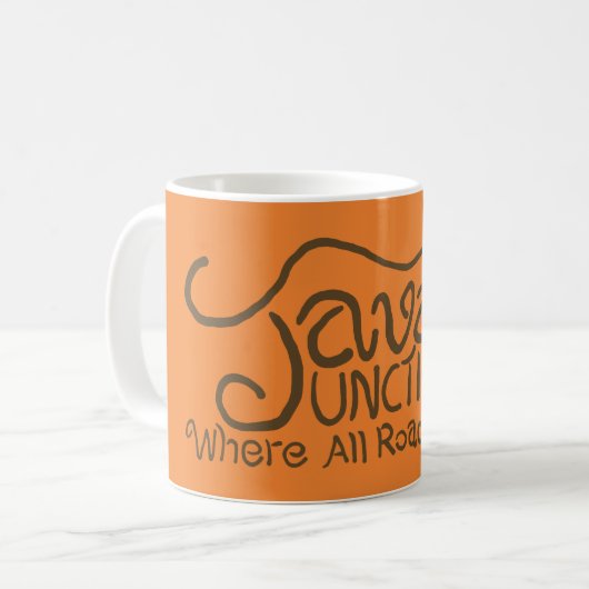 Java Junction mit Coffee Brown Text Kaffeetasse (Vorderseite Links)