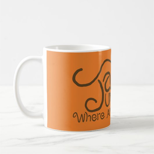 Java Junction mit Coffee Brown Text Kaffeetasse (Links)