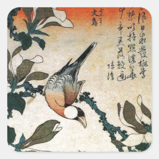 Java-Sperling und Kobushi-Magnolie (von Hokusai) Quadratischer Aufkleber