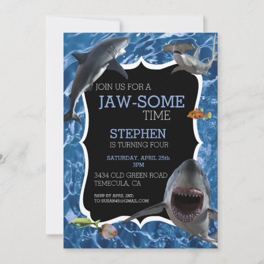 Jaw-some Time Great White Shark Birthday Einladung (Vorderseite)