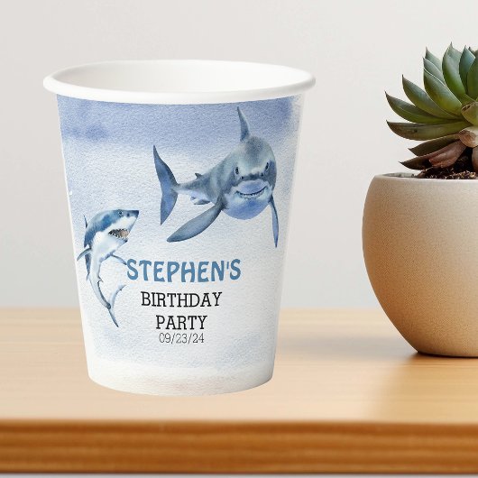 Jawsome Great White Shark Birthday Watercolor Pappbecher