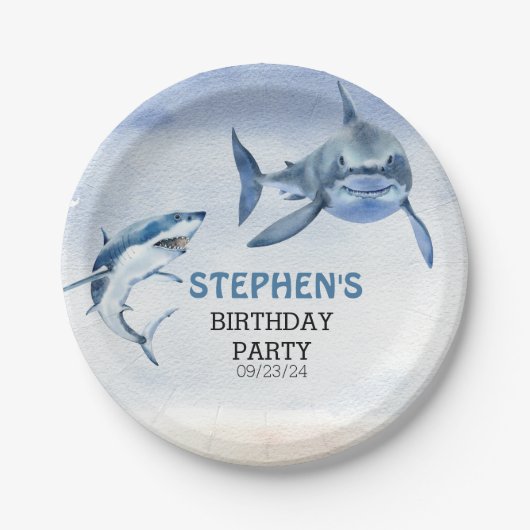 Jawsome Great White Shark Birthday Watercolor Pappteller (Vorderseite)