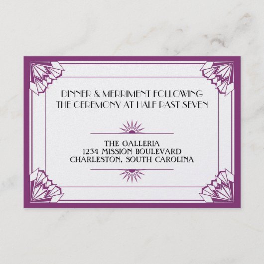 Jazz Age lila Art Deko Hochzeitsempfang Begleitkarte (Vorderseite)