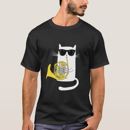 Jazz Cat Playing French Horn Hippy Hipster Kitty T-Shirt (Vorderseite)