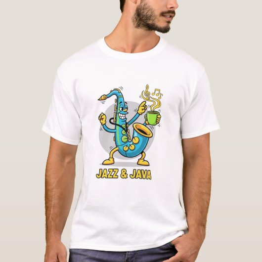 Jazz & Java Lustiges Saxophon Kaffee T-Shirt | Jaz (Vorderseite)