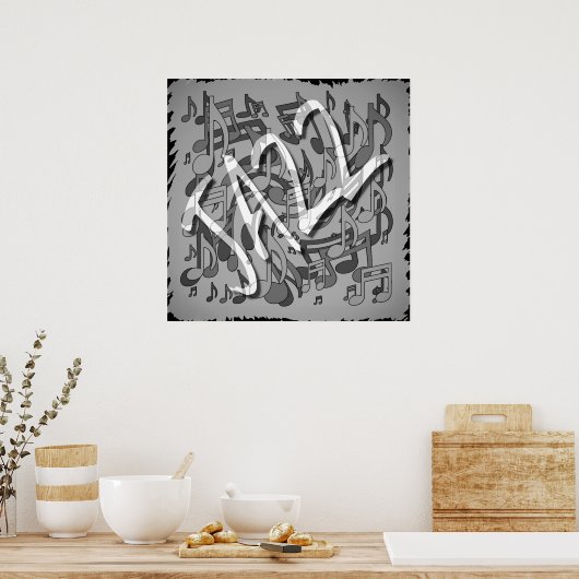 Jazz Music Pattern Dancing Swirting Notes BW Poster (Küche)