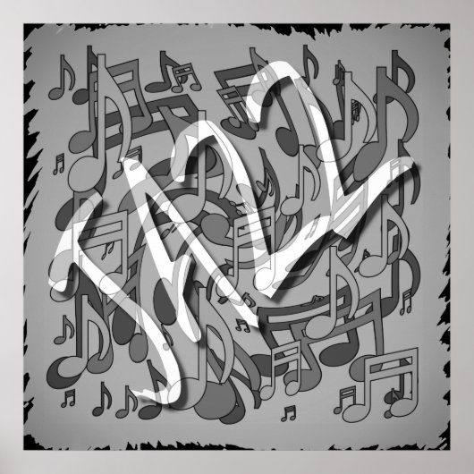 Jazz Music Pattern Dancing Swirting Notes BW Poster (Vorne)