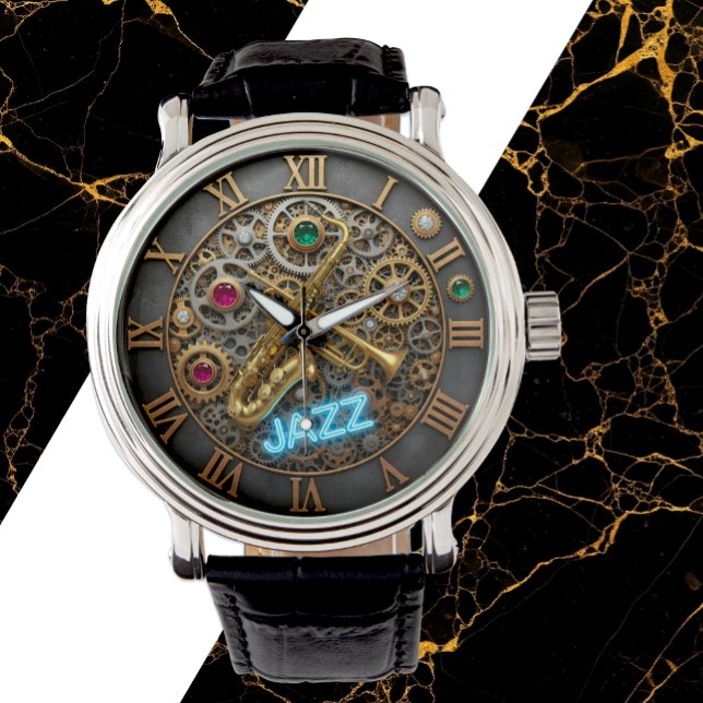 Jazz Watch, Neon Light, Trumpet, Saxophon Armbanduhr (Jazz Watch with Sax, Trumpet, Neon)
