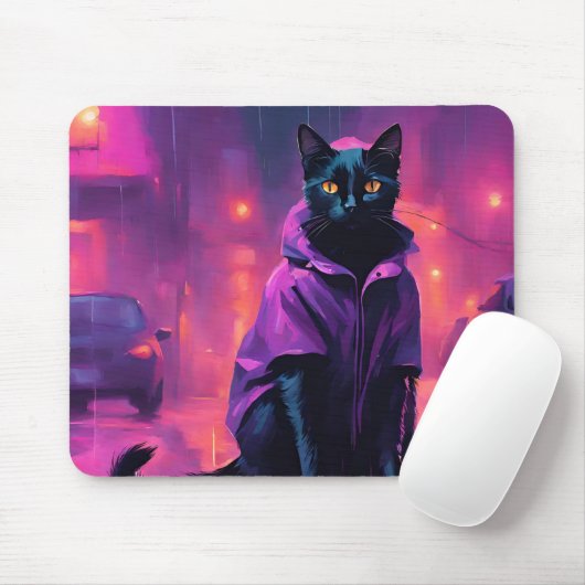 Jazzige schwarze Katze in Purpur Mousepad (Mit Mouse)