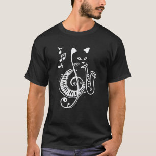 Jazzkatze Saxophon spielend Klavier Violinschlüsse T-Shirt