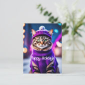 Jazzy Kitty im lila Pullover Feiertagspostkarte (Stehend Vorderseite)