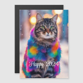 Jazzy Kitty in Pelzmantel - Happy 2024 Magnetkarte (Vorne/Hinten)