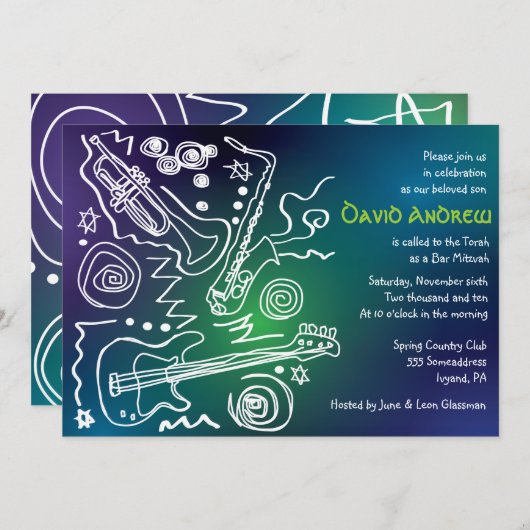 Jazzy Musical Bar Bat Mitzvah Einladung (Vorne/Hinten)