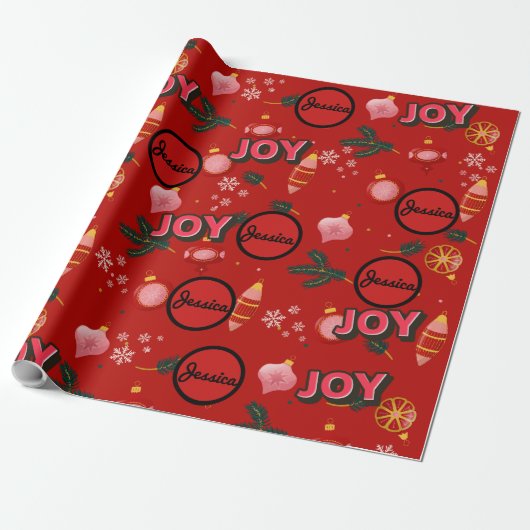 Jazzy Red Christmas Joy Personalize Geschenkpapier (Ungerollt)