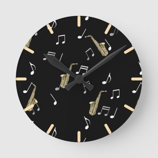 Jazzy Saxophon & Musical Notes  Runde Wanduhr (Vorderseite)