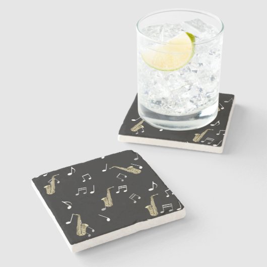 Jazzy Saxophon & Musical Notes Steinuntersetzer (Seitenansicht)