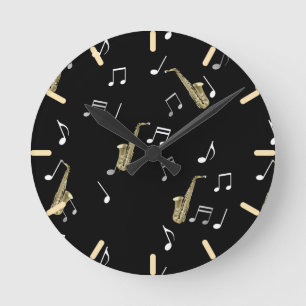 Jazzy Saxophone & Musical Notes  Runde Wanduhr