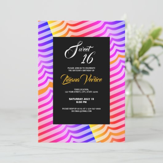 Jazzy Trippy Psychedelic Tropical Stripey Pattern Einladung (Stehend Vorderseite)