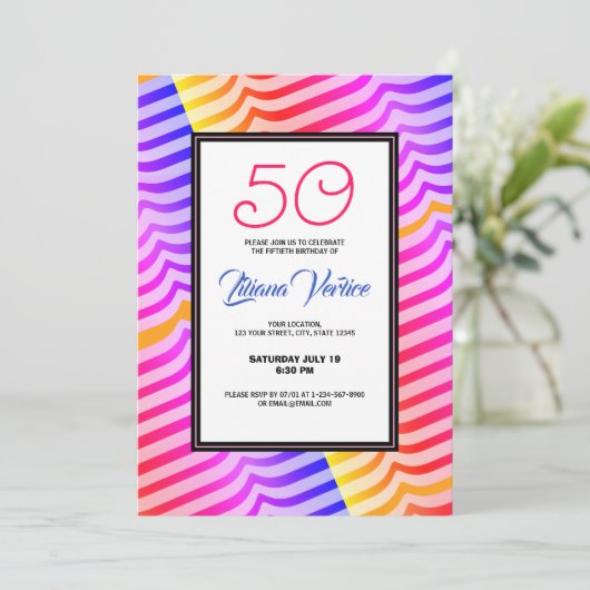 Jazzy Trippy Psychedelic Tropical Stripey Pattern Einladung (Stehend Vorderseite)