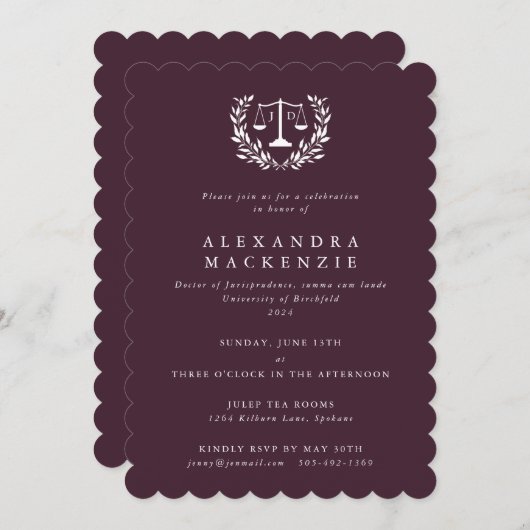 JD Law Scales Laurel Wreath Abschluss in Burgundy Einladung (Vorne/Hinten)
