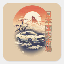 JDM car with Japanese landscape on background Quadratischer Aufkleber