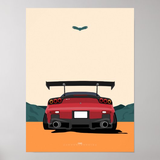 JDM Red RX-7 Rear View Racing Car Illustration Art Poster (Vorne)