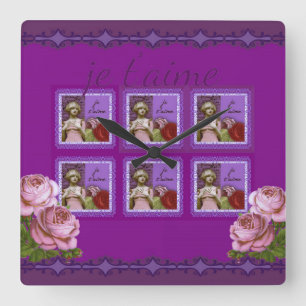 Je T’aime Lila Romantisches Mädchen Vintage-Collag Quadratische Wanduhr