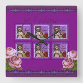 Je T'aime Lila Romantic Girl Vintag Collage Quadratische Wanduhr