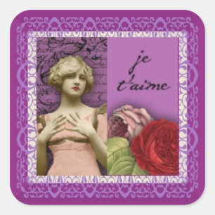 Je T'aime Lila Romantic Girl Vintag Collage Quadratischer Aufkleber