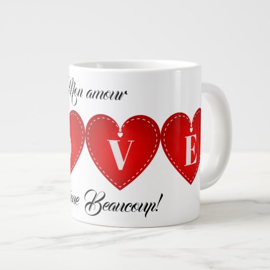 Je T'Aime Mon Amour Valentine Red Heart Romantic Jumbo-Tasse (Vorderseite Rechts)