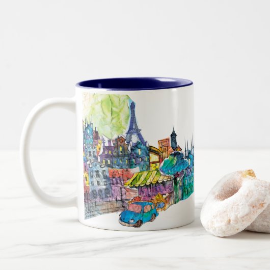 Je T'aime Paris | Eiffelturm Paris Zweifarbige Tasse (Mit Donut)