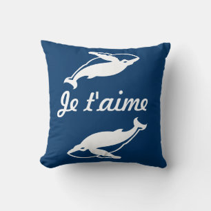 Je t'aime weiße Wale auf blauem Kissen